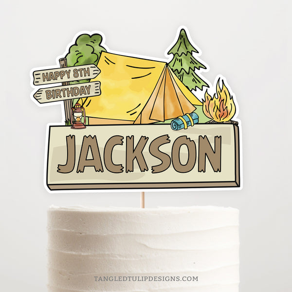 Campout Birthday Cake Topper for a boy camping birthday party. Camping Happy Birthday Decoration printable.