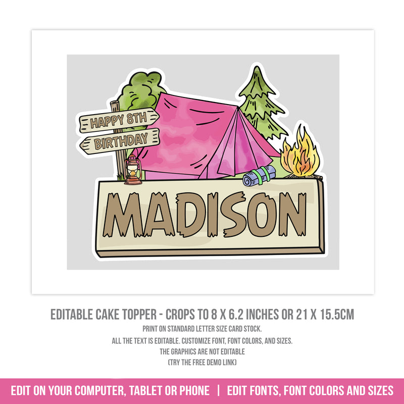 Campout Birthday Cake Topper for Girls, Printable Digital Download