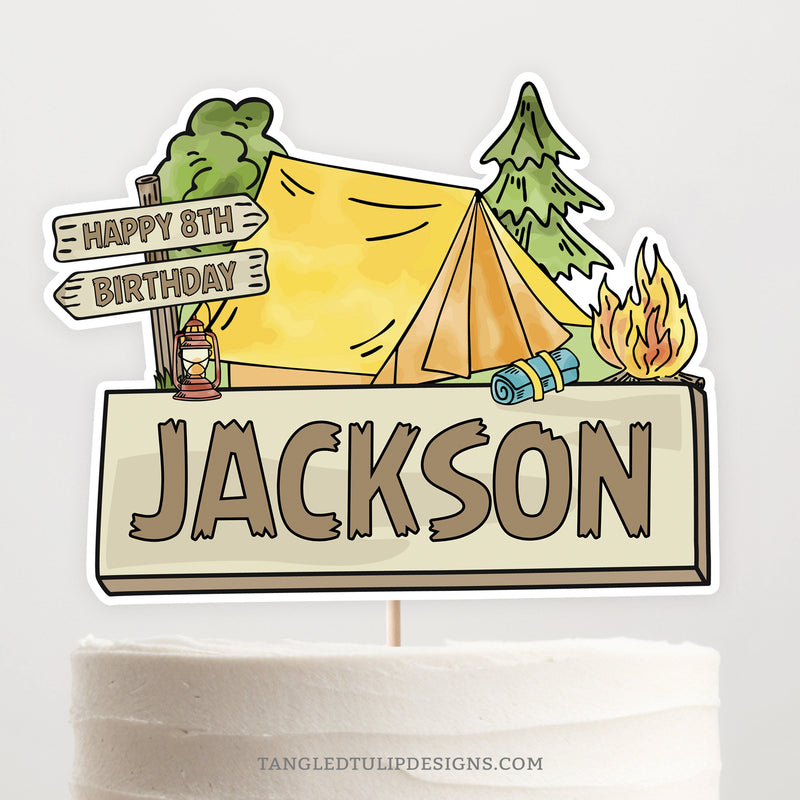 Campout Birthday Cake Topper for a boy camping birthday party. Camping Happy Birthday Decoration printable.