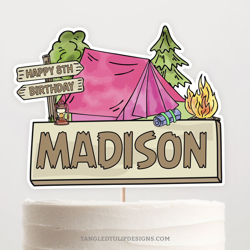 Campout Cake Topper Printable for a girl camping birthday. Digital Download.