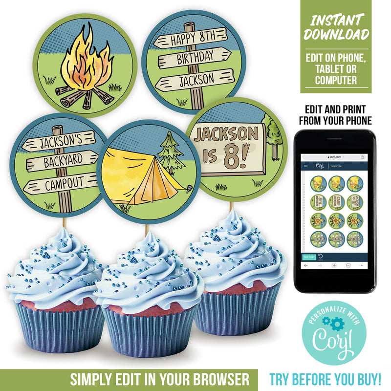 Camping Birthday Cupcake Toppers Backyard Campout Party Tent Campfire