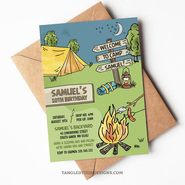 A Camping birthday invitation for a backyard campout party, featuring tents, a campfire and roasting marshmallows and sausages. Template to Edit in Corjl. By Tangled Tulip Designs.