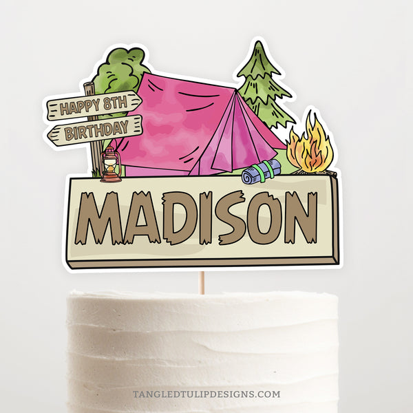 Campout Cake Topper Printable for a girl camping birthday. Digital Download.