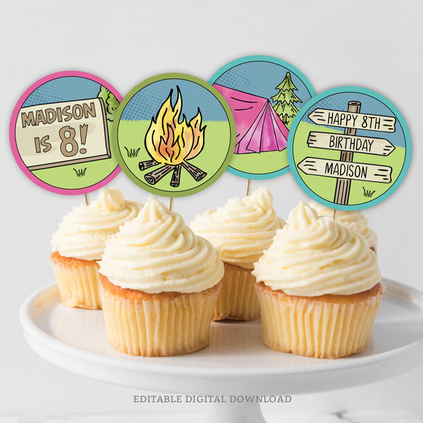 Camping birthday cupcake toppers for a backyard campout for girls. Featuring a pink tent, campfire and personalized camping signs. These are a great addition to camping party decorations. Edit in Corjl. By Tangled Tulip Designs.