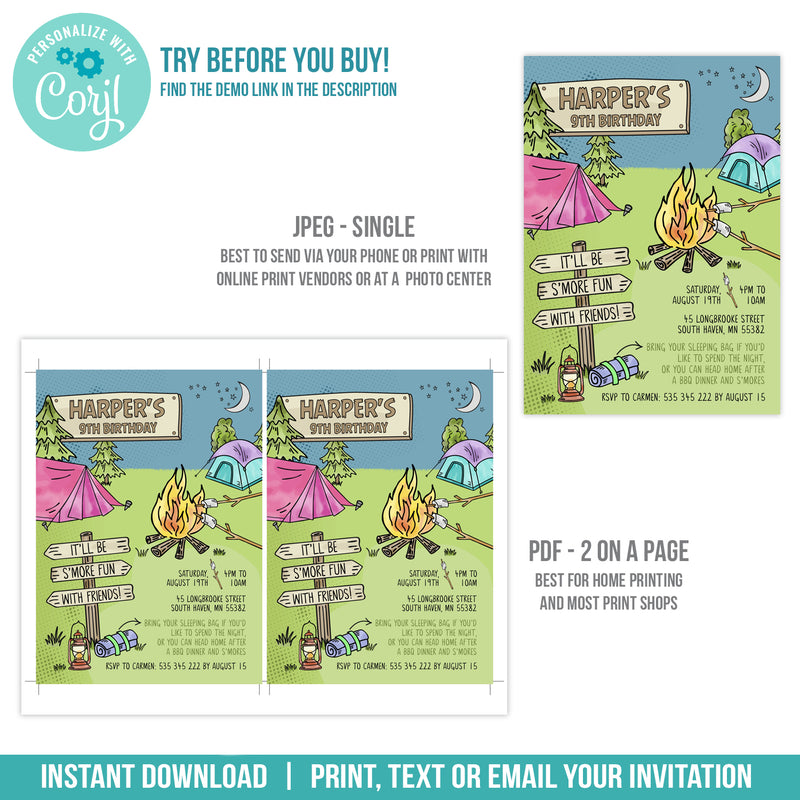 S'mores Campout Birthday Invitation Template for Girls. Editable S'more Camping Party Digital Invite