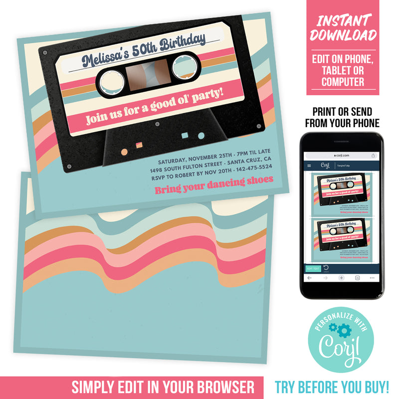 Editable Cassette Tape 50th Birthday Invitation Template for a woman. Mixtape Digital Invite