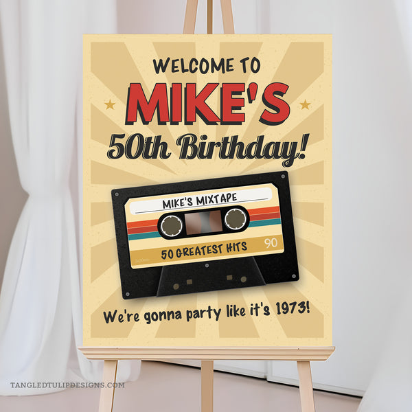 A retro style 50th Birthday Welcome sign featuring a mixtape cassette of Greatest Hits. Party like you're back in the 70s with this groovy birthday sign, suitable for any age. Instant Download and Editable in Corjl. By Tangled Tulip Designs.