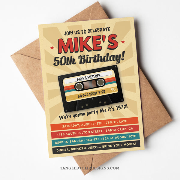 Cassette Tape Birthday Invitation for a Man with a Mixtape and retro design. Instant Download and Editable in Corjl. By Tangled Tulip Designs.