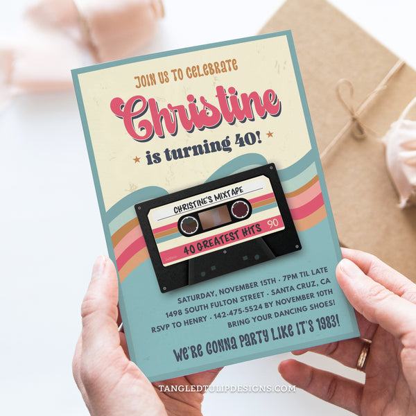 Celebrate with a blast from the past with this groovy Cassette Tape birthday invitation, featuring a mixtape of greatest hits. Tangled Tulip Designs - Birthday Invitations