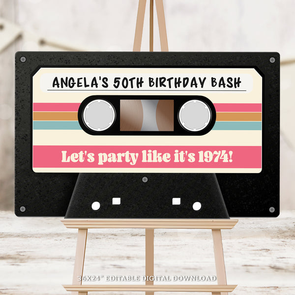 This editable Cassette Tape sign is the perfect photo prop or birthday decoration, suitable for her vintage Mixtape party celebrating a 50th Birthday or any age milestone. Go back in time to the 70s - the era of groovy tunes and unforgettable memories! Instant Download and Editable in Corjl. By Tangled Tulip Designs.