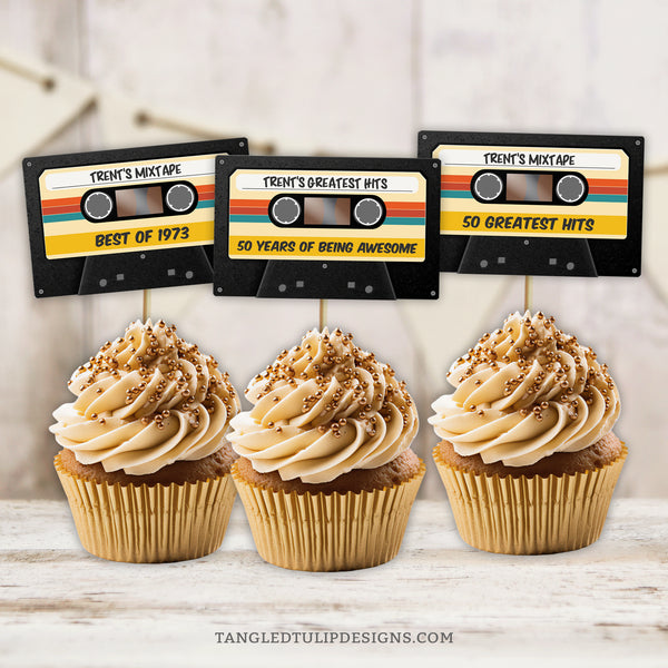 Get ready to rewind to the retro vibes with these Cassette Tape Cupcake Toppers, perfect for adding a touch of vintage flair to your mixtape party decorations. Whether adorning cupcakes or used as slider toppers, these are sure to be a hit. Instant Download and Editable in Corjl. By Tangled Tulip Designs.