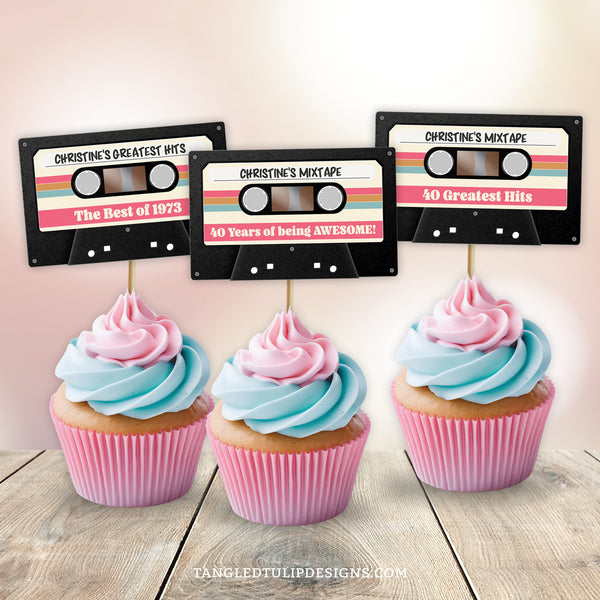 These Cassette Tape Cupcake Toppers are perfect for adding a touch of vintage flair to your mixtape party decorations for a 40th birthday, or any age. Whether adorning cupcakes or used as slider toppers, these are sure to be a hit. Tangled Tulip Designs - Birthday Invitations