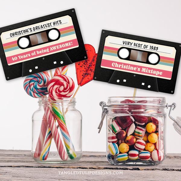 This vintage cassette tape birthday decoration sign can be used as a centerpiece or topper for a vintage mixtape party for a Woman. Celebrate with their greatest hits! Instant Download and Editable in Corjl. By Tangled Tulip Designs.