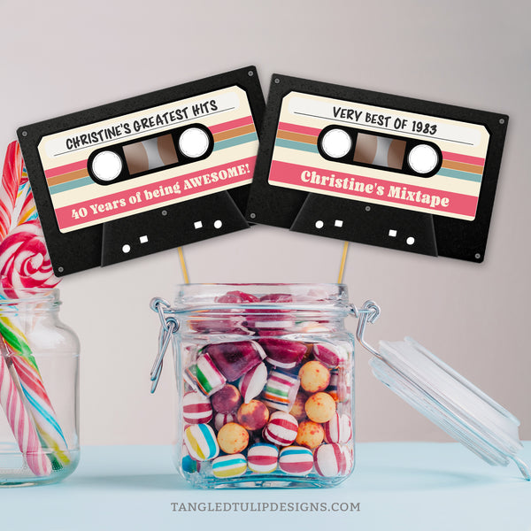 This vintage cassette tape birthday decoration sign can be used as a centerpiece or topper for a vintage mixtape party for a Woman. Celebrate with their greatest hits! Instant Download and Editable in Corjl. By Tangled Tulip Designs.