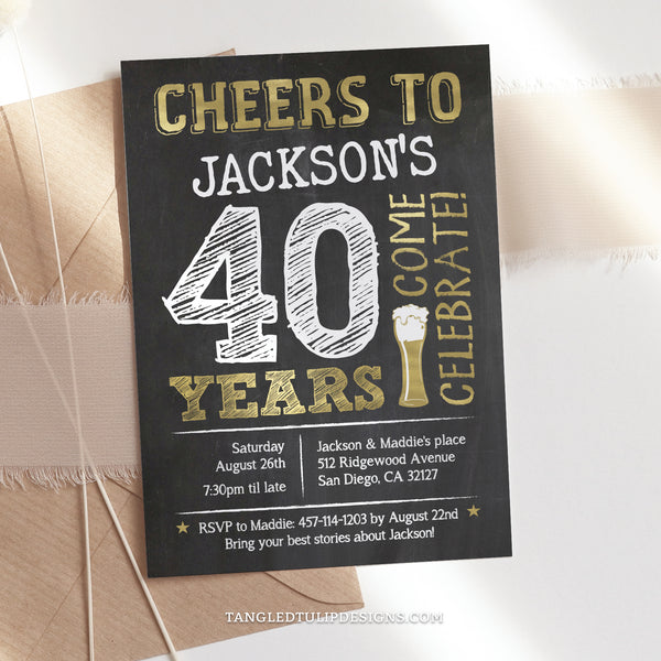 Editable Cheers to 40 Years birthday invitation, or for any age! With its gold beer and chalkboard background, it sets the perfect tone for a night of toasts, laughter, and memories. Tangled Tulip Designs - Birthday Invitations