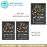 Editable Whiskey Birthday Invitation for a 40th Birthday or Any Age. Cheers Whiskey Party Digital Invite