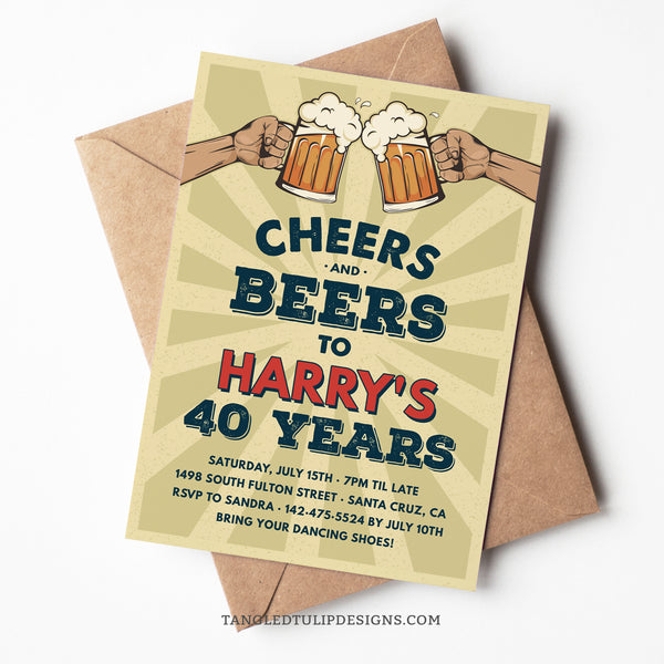 Raise your glasses for a Cheers and Beers Birthday Party Celebration! This Cheers and Beers birthday invitation embraces a cool vintage beer theme. Perfect for a 21st, 30th, 40th, or any age Birthday party. Tangled Tulip Designs - Birthday Invitations