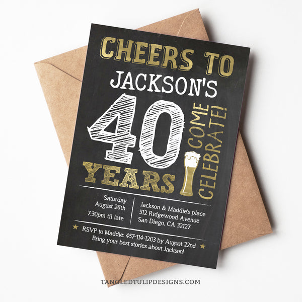 Editable Cheers to 40 Years birthday invitation, or for any age! With its gold beer and chalkboard background, it sets the perfect tone for a night of toasts, laughter, and memories. Tangled Tulip Designs - Birthday Invitations