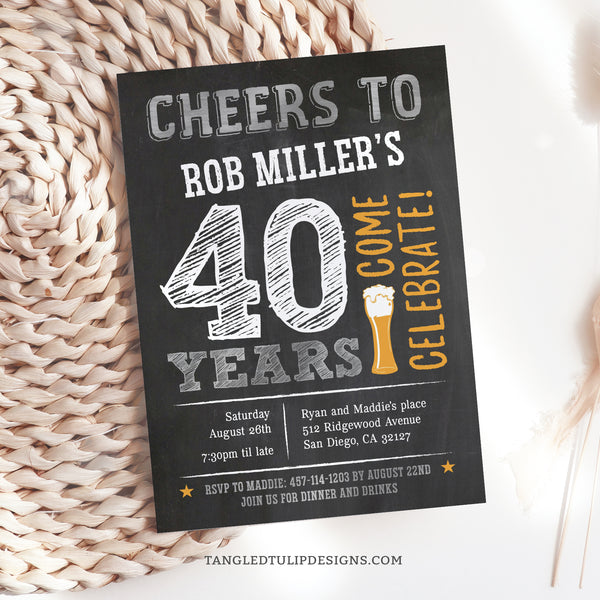 A beer theme birthday invitation for his 40th birthday, or any age. Metallic silver and sunburst on a chalkboard effect background. Say Cheers to 40 years! Tangled Tulip Designs - Birthday Invitations