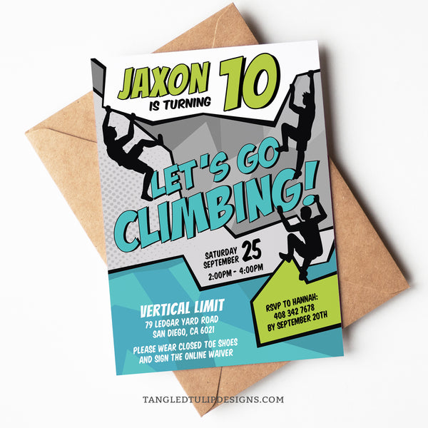 Editable Rock Climbing Invitation for a boy's birthday party. Perfect for an Indoor Climbing or Rock Climb party, featuring boys climbing all over the invite, in a cool teal and lime color scheme. Tangled Tulip Designs - Birthday Invitations