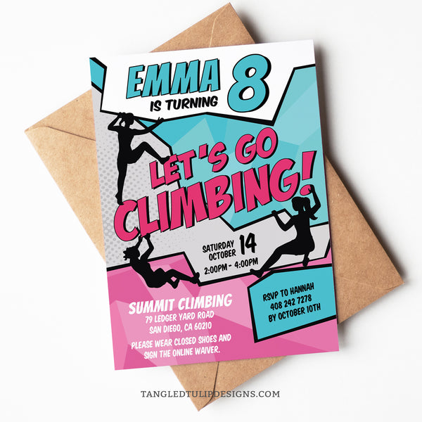 Editable Rock Climbing Invitation for Girls Birthday. Perfect for an Indoor Climbing or Rock Climb party, featuring girls climbing all over the invite, in a pretty pink and turquoise color scheme.  Tangled Tulip Designs - Birthday Invitations
