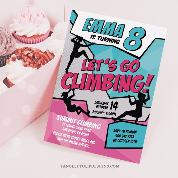 Editable Rock Climbing Invitation for Girls Birthday. Perfect for an Indoor Climbing or Rock Climb party, featuring girls climbing all over the invite, in a pretty pink and turquoise color scheme.  Tangled Tulip Designs - Birthday Invitations