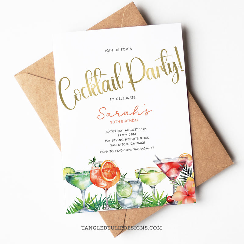 An editable tropical-themed Cocktail Party invitation, adorned with palm leaves and golden accents. Featuring refreshing Aperol Spritz, Cosmopolitan, Gin and Tonic, and Margarita cocktails. Instant Download and Editable in Corjl. By Tangled Tulip Designs.