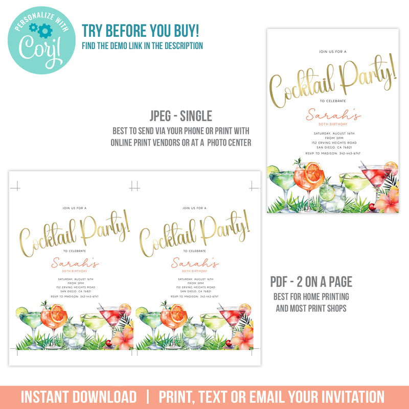 Editable Cocktail Party Invitation Template, Tropical Cocktail Party Digital Invite Template