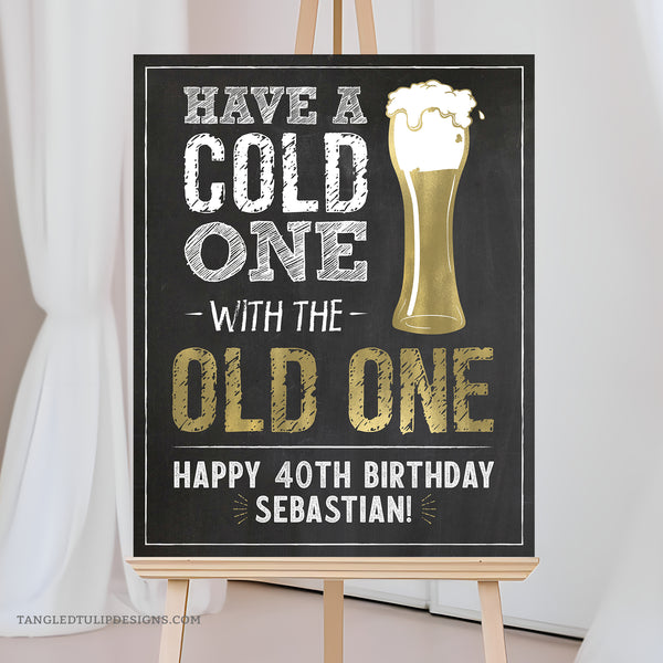 Whether it's a 40th birthday or any age milestone, this customizable welcome sign sets the perfect tone for a beer-themed party! Featuring a classic chalkboard background with elegant gold accents, it's time to have a Cold One with the Old One and raise a glass to the guest of honor! Instant Download and Editable in Corjl. By Tangled Tulip Designs.