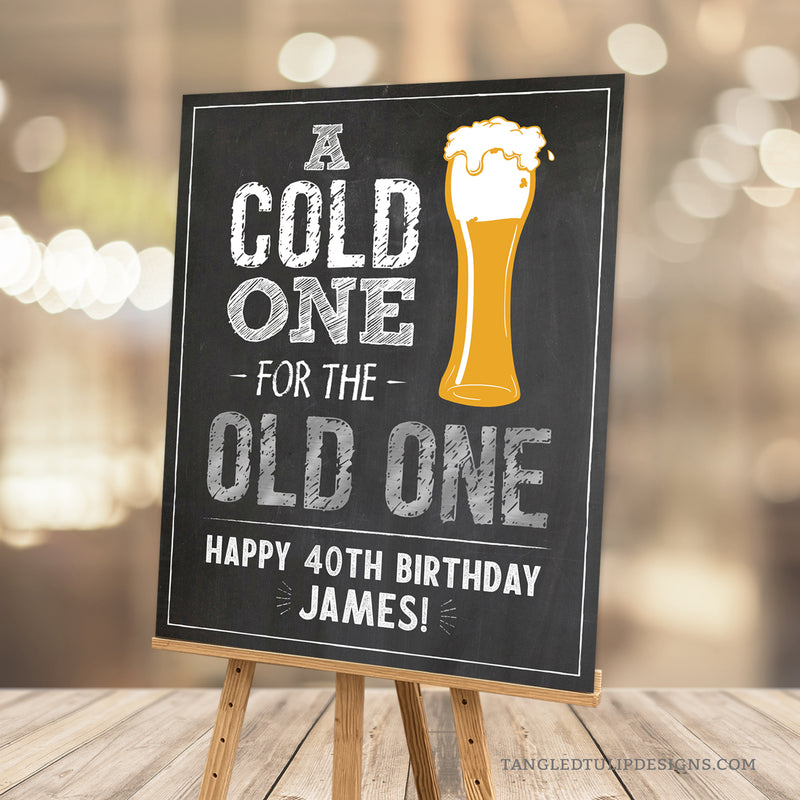 Whether it's a 40th birthday or any age milestone, this customizable sign sets the tone for a great beer-themed party! Featuring a classic chalkboard background with a pop of Sunburst yellow and metallic silver accents, to have a Cold One for the Old One. Instant Download and Editable in Corjl. By Tangled Tulip Designs.