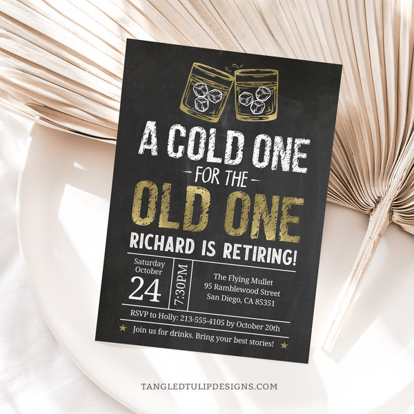 Retirement Invite in a Whiskey Theme. Gold and white on Chalkboard background. Instant Download and Editable in Corjl. By Tangled Tulip Designs.
