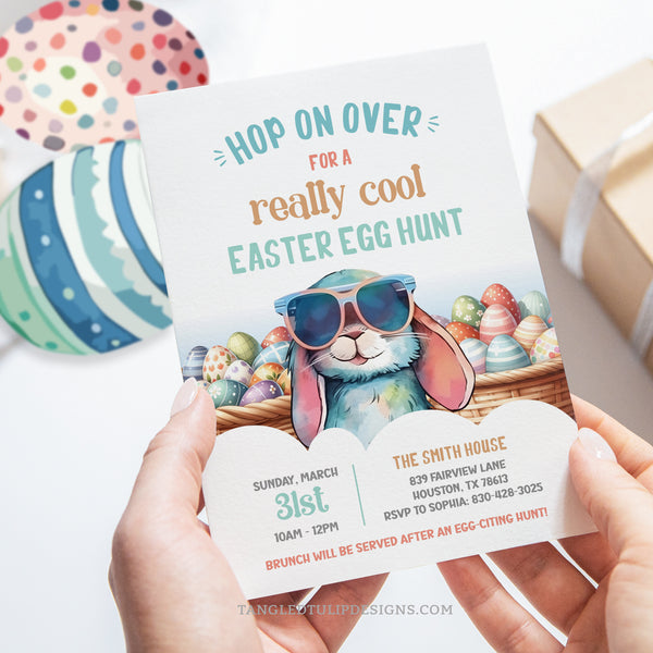 Cool Easter Egg Hunt Invitation with Easter Bunny with sunglasses and Easter Baskets. By Tangled Tulip Designs.