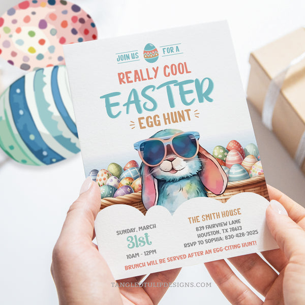 Get ready for the coolest Easter Egg Hunt in town with this editable Easter Invitation. Featuring a hip Easter Bunny rocking sunglasses and baskets brimming with colorful eggs. Instant Download and Editable in Corjl. By Tangled Tulip Designs.