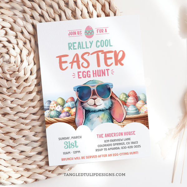 This Easter invitation features a really cool Easter Bunny in Sunglasses and baskets brimming with colorful Easter eggs. Instant Download and Editable in Corjl. By Tangled Tulip Designs.