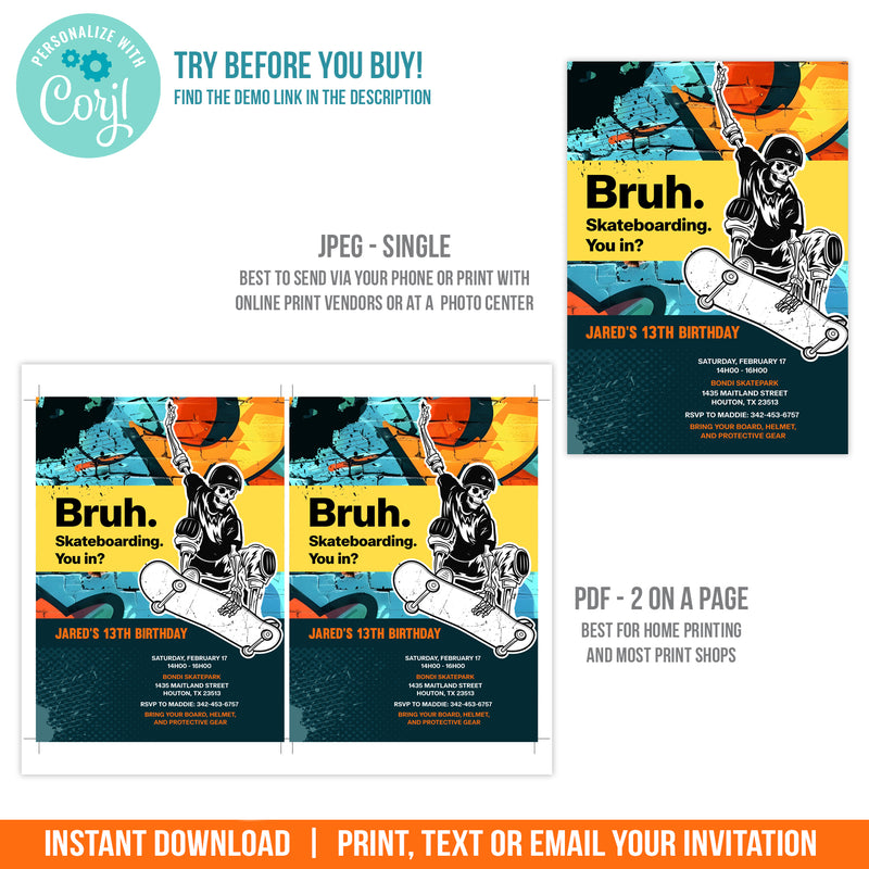 Skateboarding Birthday Invite for Boys. Skeleton Skater Party Invitation