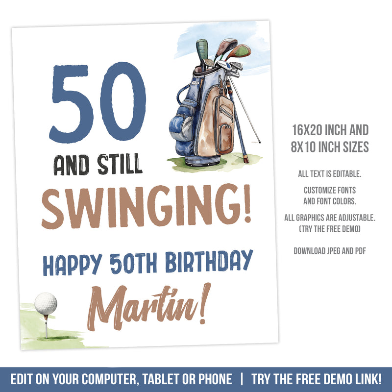 Editable Golf 50th Birthday Sign, Man Happy 50th Birthday Printable Sign Template