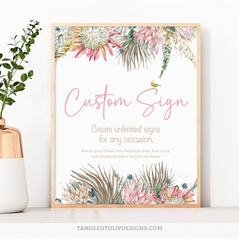 This elegant sign showcases delicate watercolor proteas and flowers, with gold accents, all within a charming bohemian design. With its editable and versatile nature, this custom sign can be used to welcome guests, display the menu, or label a gift table. It serves as the perfect finishing touch for any event, be it a birthday party, bridal shower, retirement celebration, or any other special occasion.