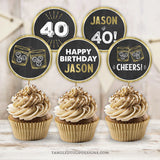 Editable Whiskey theme 40th Birthday Cupcake Toppers or Slider Toppers. Fully customizable, these toppers are gold and white on a classic chalkboard background, making them perfect for celebrating his 40th birthday, or for ANY AGE. By Tangled Tulip Designs.