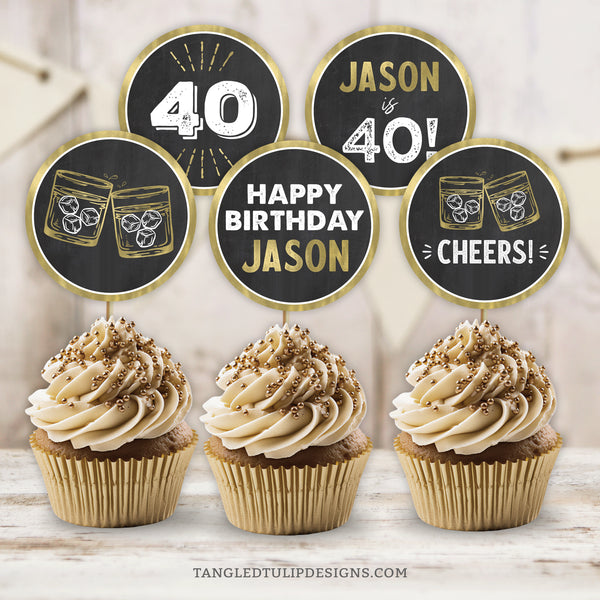 Editable Whiskey theme 40th Birthday Cupcake Toppers or Slider Toppers. Fully customizable, these toppers are gold and white on a classic chalkboard background, making them perfect for celebrating his 40th birthday, or for ANY AGE. By Tangled Tulip Designs.