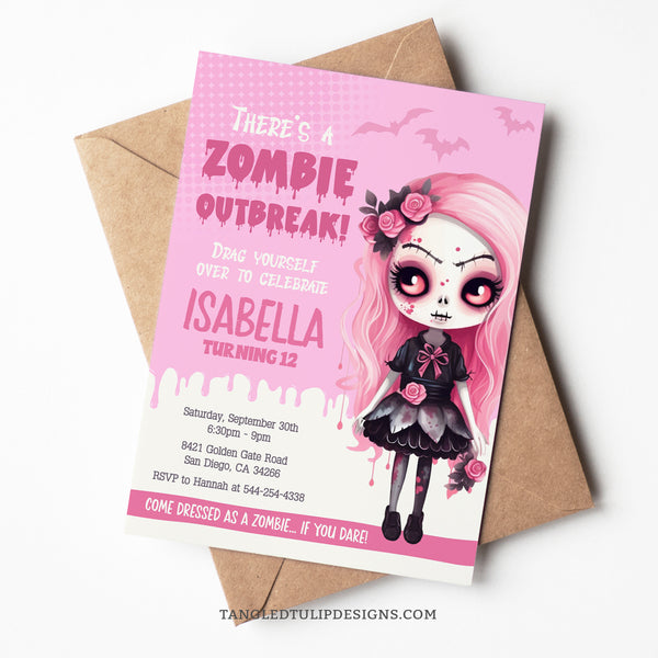 Girl Zombie party invitation features a little zombie girl on a pink and cream background with bats flying and spooky drips. Template to Edit in Corjl. By Tangled Tulip Designs.