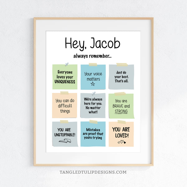 Encourage positivity and self-confidence with our customizable Affirmations for Teens and Tweens Poster Sign. Featuring Post-it notes with personalized notes of encouragement and affirmations, tailored to uplift and inspire your child. Instant Download and Editable in Corjl. By Tangled Tulip Designs.