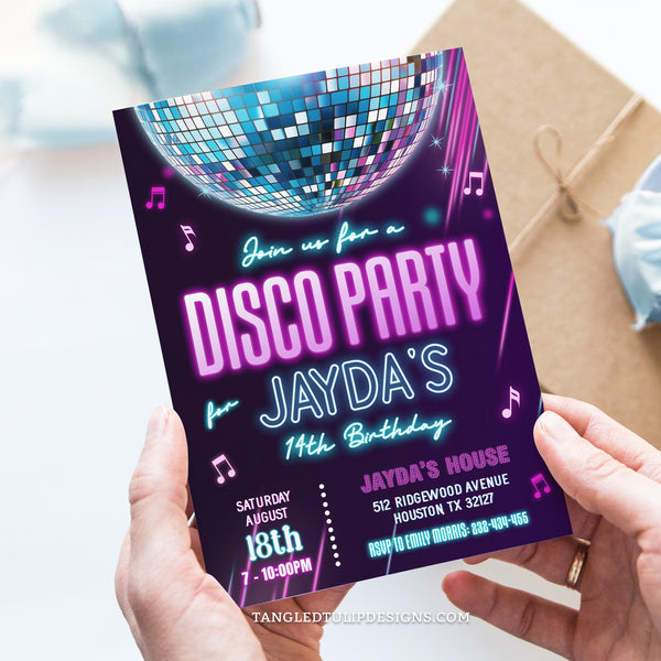 An editable Disco birthday party invitation for a teen or tween girl, featuring a disco ball in a neon glow purple design, with music notes and sparkles. Template to Edit in Corjl. By Tangled Tulip Designs.