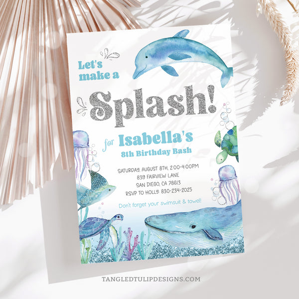 Under the Sea Birthday Bash where kids can Make a Splash! Swim along with dolphins and sea creatures, sparkling with pretty glitter silver accents! Tangled Tulip Designs - Birthday Invitations