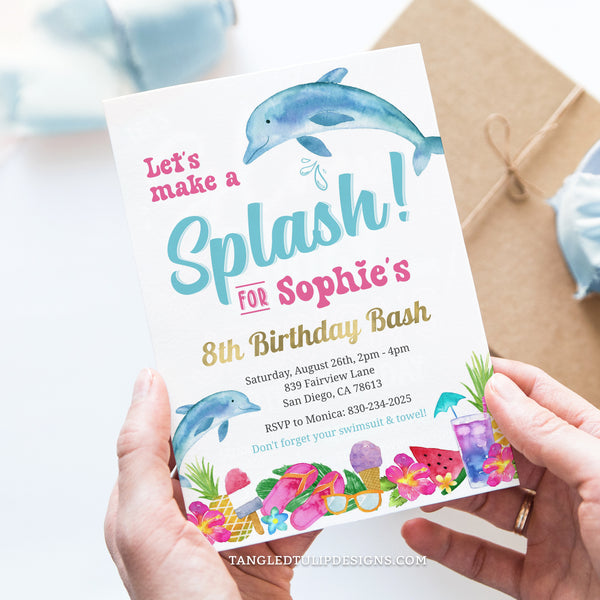 This editable Dolphin theme Splash birthday invitation is perfect for a pool or beach party. Featuring dolphins jumping and making a splash for her birthday! Invitation template to edit in Corjl. By Tangled Tulip Designs.