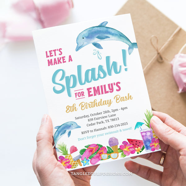 Let's Make a Splash! A dolphin theme birthday invitation for a girl pool or beach party. Featuring dolphins and all things tropical - pineapples, ice creams, sunglasses and more. Template to Edit in Corjl. By Tangled Tulip Designs.