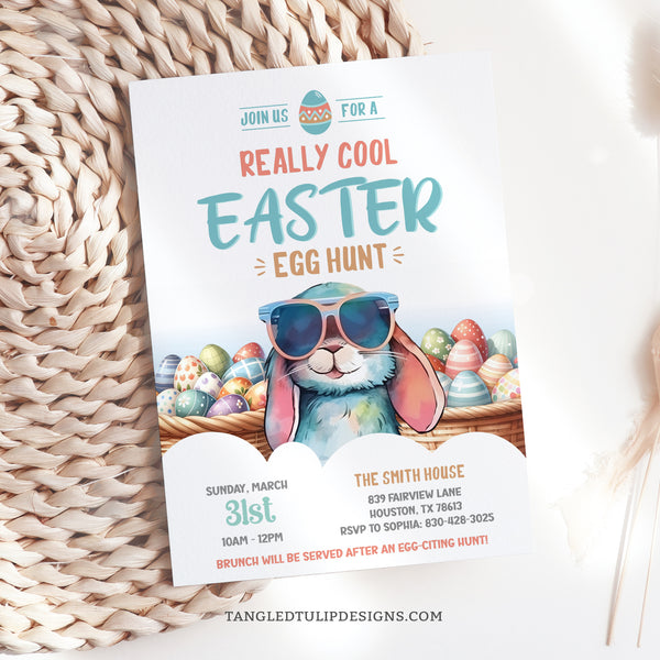 Get ready for the coolest Easter Egg Hunt in town with this editable Easter Invitation. Featuring a hip Easter Bunny rocking sunglasses and baskets brimming with colorful eggs. Instant Download and Editable in Corjl. By Tangled Tulip Designs.