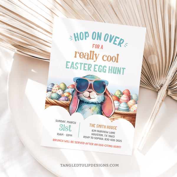 Cool Easter Egg Hunt Invitation with Easter Bunny with sunglasses and Easter Eggs. Tangled Tulip Designs.