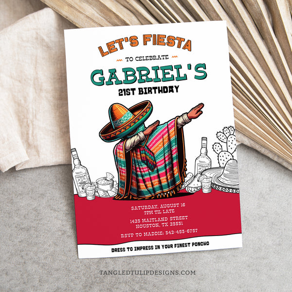 This Mexican Fiesta 21st Birthday Invitation features a man dabbing in his poncho, surrounded by an iconic Mexican party with tequila, nachos, tacos, and sombrero. Customize for a 21st Birthday party or ANY AGE! Instant Download and Editable in Corjl. By Tangled Tulip Designs.