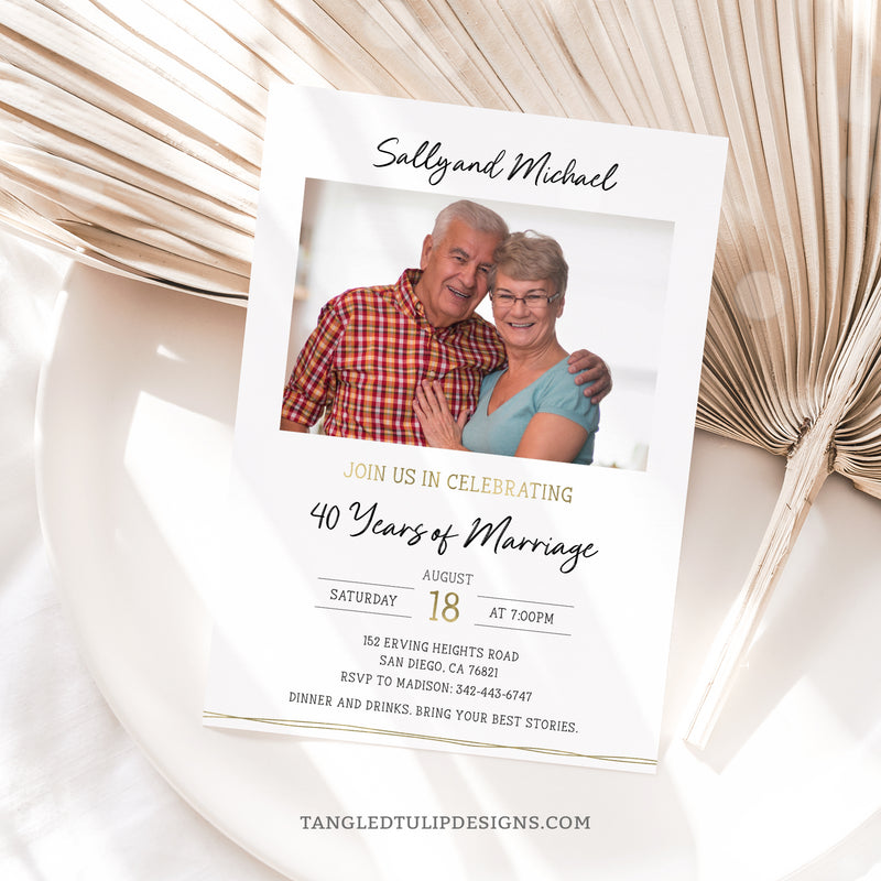 Editable 40th Anniversary invitation with a photo. Gold accents, classic design, fully editable digital download invite.