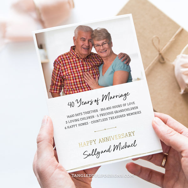 40th Anniversary Card with a photo of the couple. Fully editable template to create a personalized 40th Anniversary card with stats of their life together. Instant Download, edit in Corjl. Printable Anniversary card By Tangled Tulip Designs.